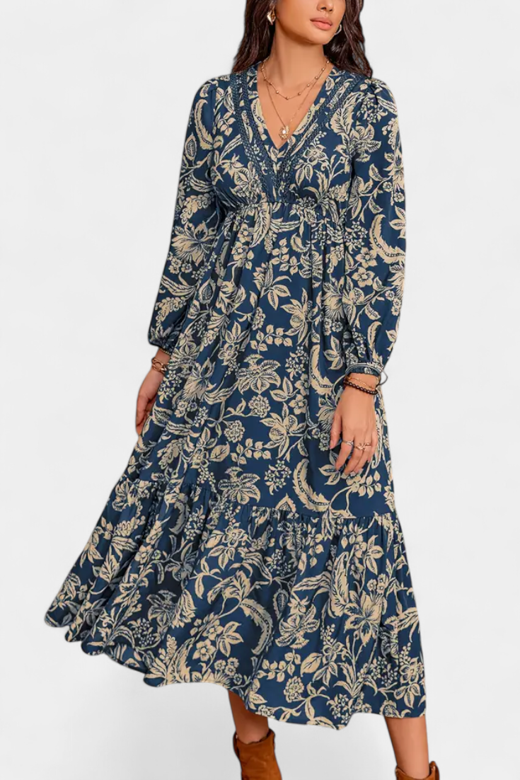 Lunetta Vestido Maxi Bohemio con Estampado Floral y Mangas Farol en color Azul