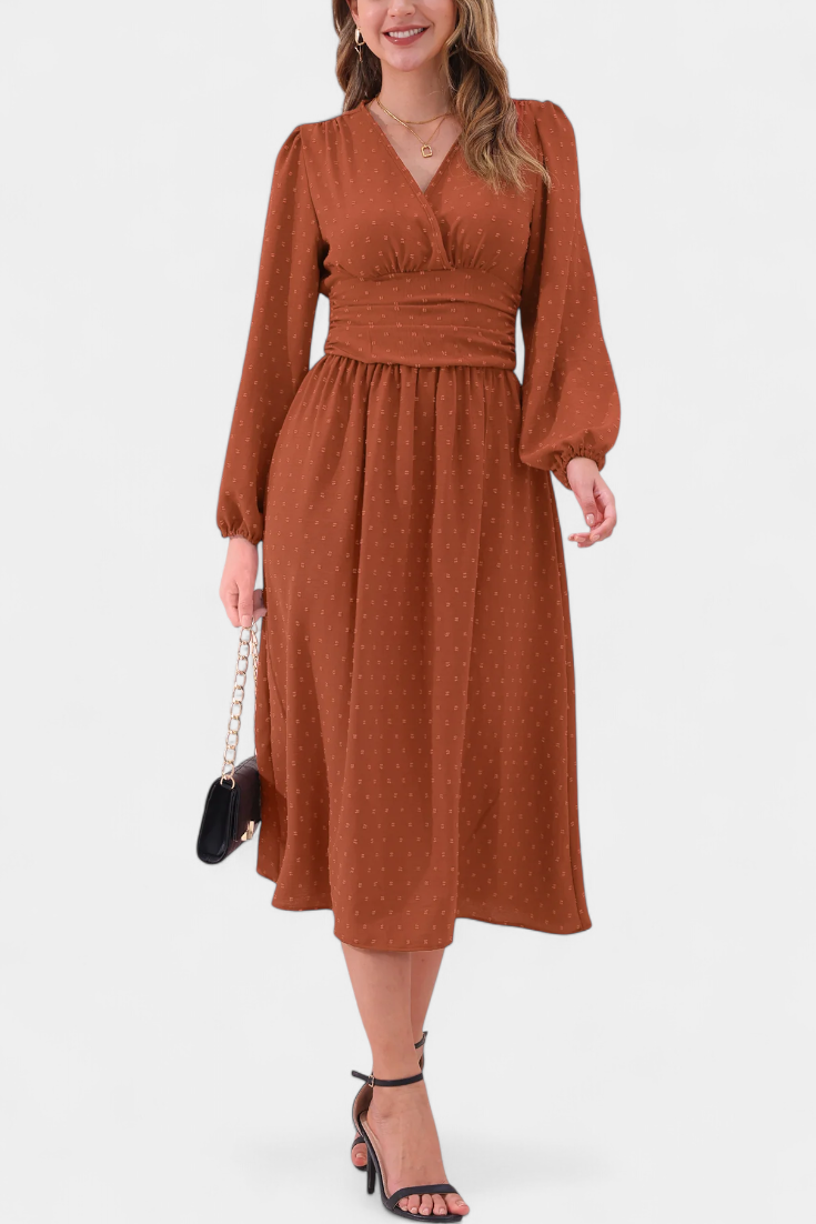 Faela Vestido Midi de Oficina con Lunares Suizos en color Burdeos
