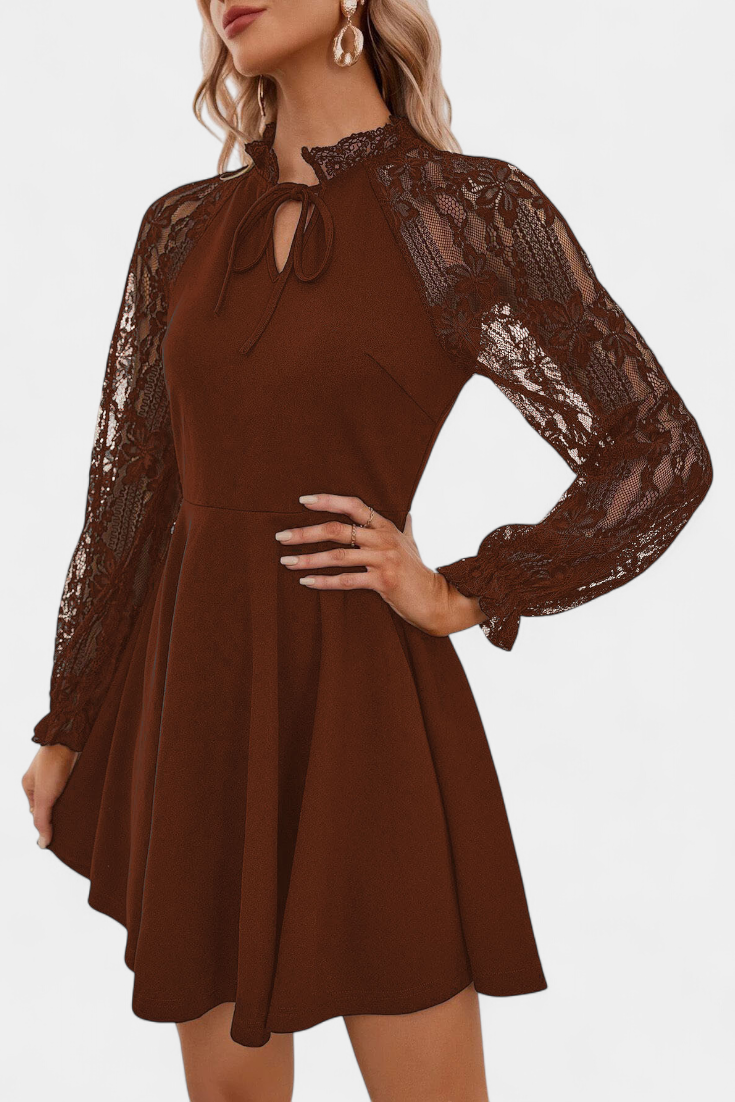 Jasella Vestido Mini de Encaje Floral con Mangas Largas en color Negro