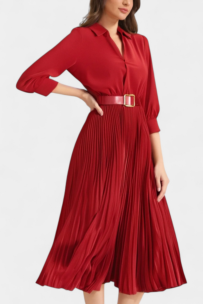 Michelle Vestido Midi con Cuello Sastrero y Cinturón Plisado en color Rojo