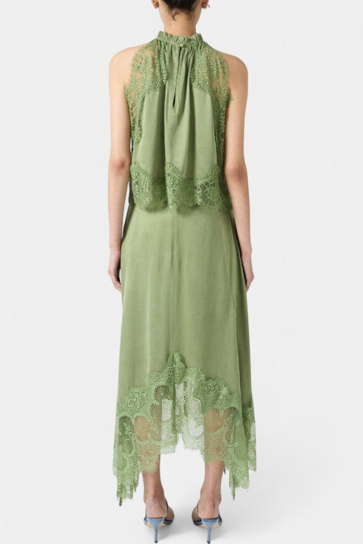 Coralena Conjunto de Falda Midi de Encaje con Dobladillo Asimétrico en color Verde Salvia