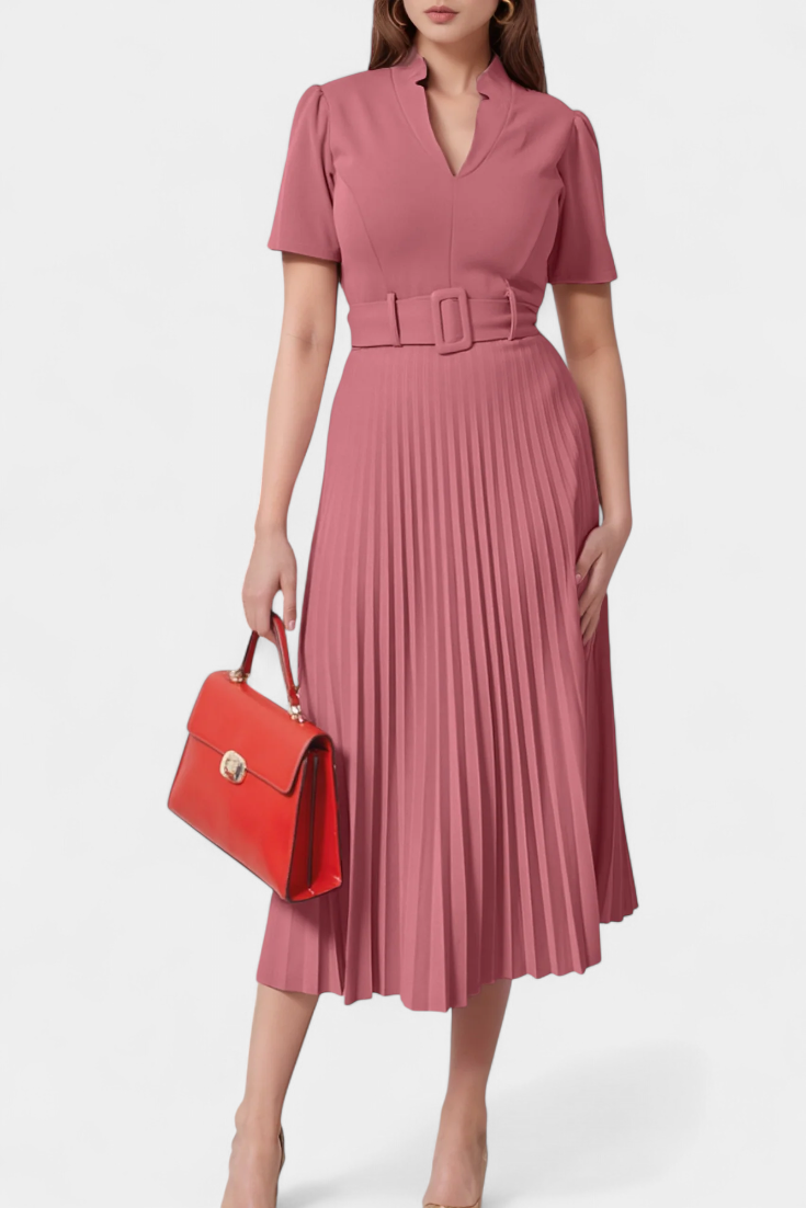 Seliora Vestido Midi de Trabajo con Cinturón y Plisados en color Rosa