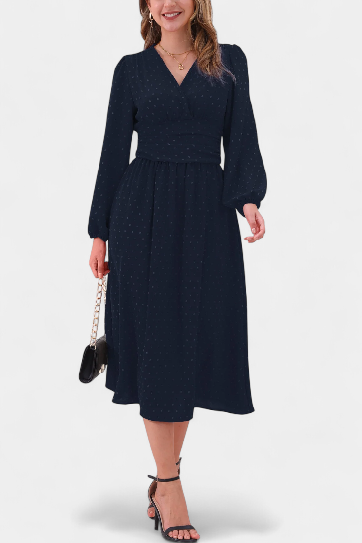 Faela Vestido Midi de Oficina con Lunares Suizos en color Verde Oscuro