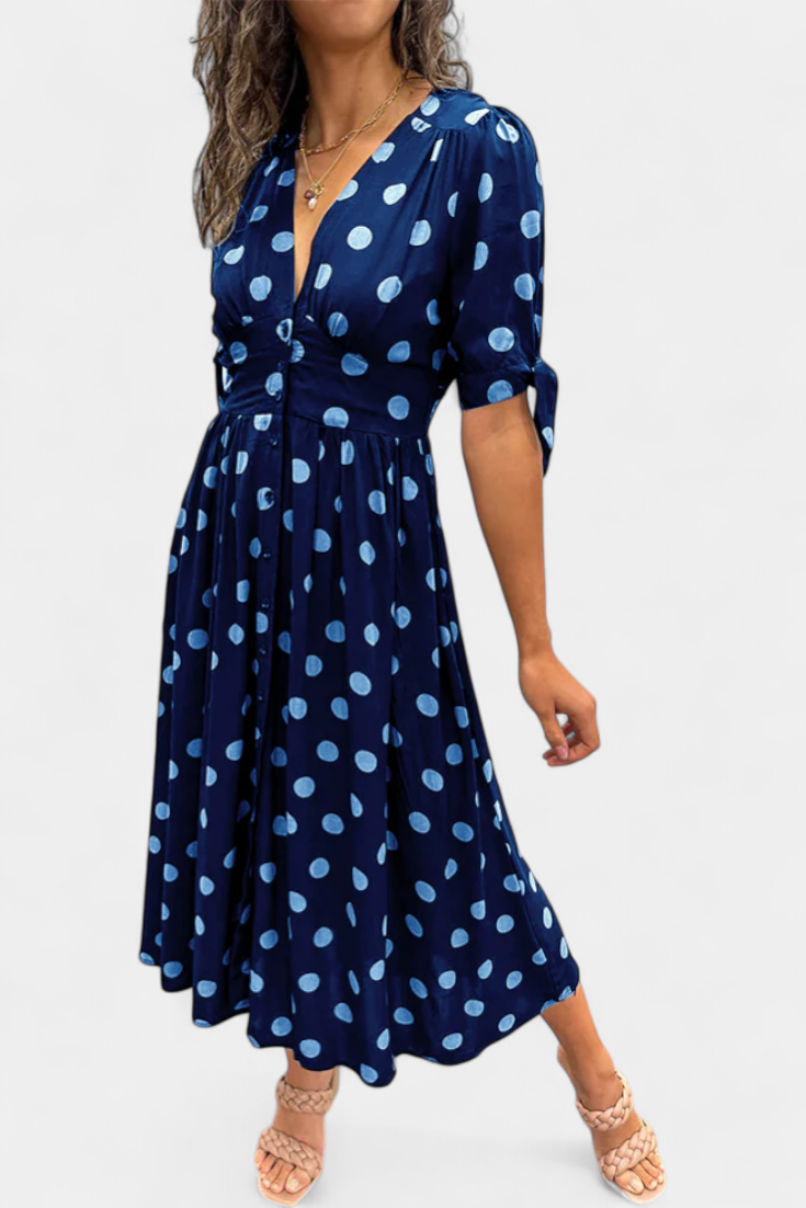 Lizzie Vestido Midi de Lunares con Escote en V Profundo en color Azul
