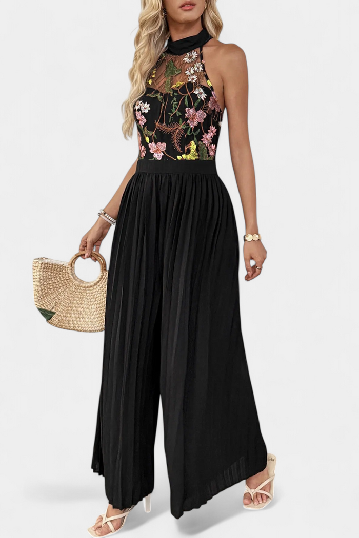 Maruja Mono Palazzo con Bordado Floral y Encaje Transparente en color Negro