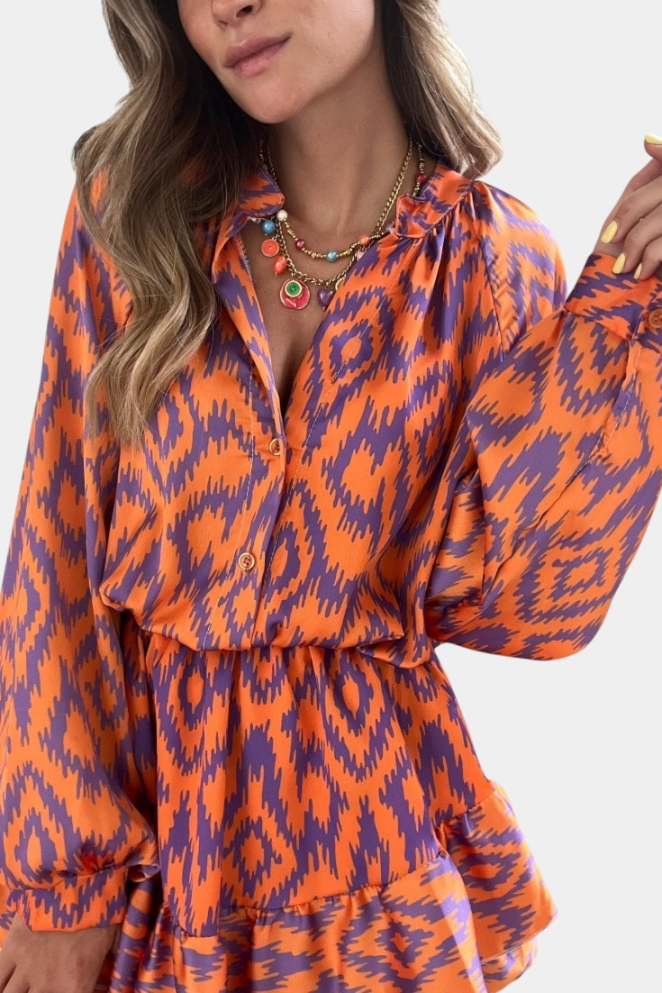 Yasmine Mono Mini con Volantes y Estampado Ikat en color Naranja