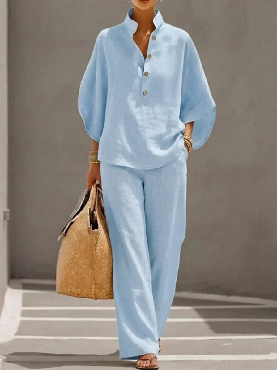 Maribel | Conjunto de lino con mangas murciélago y pantalón ancho en color Azul marino