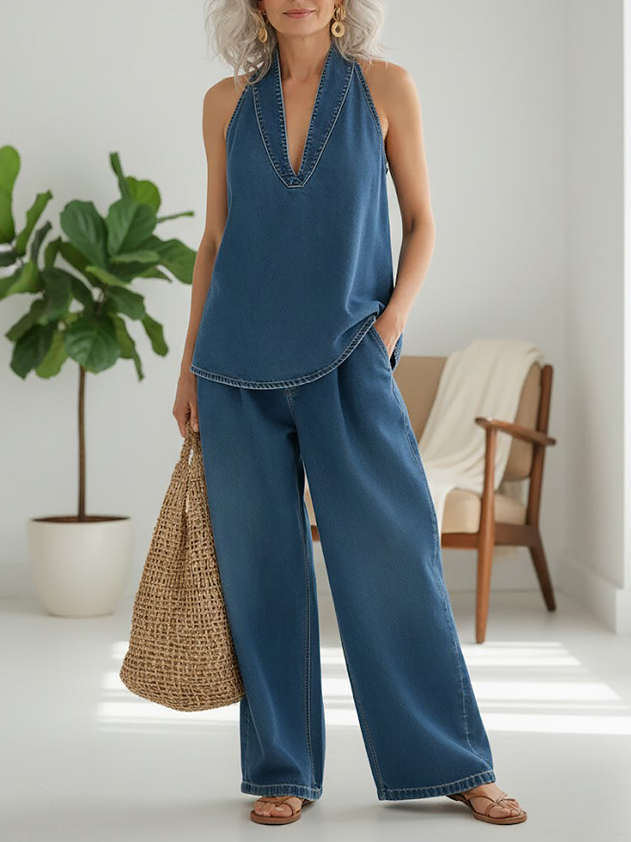 Maravillas | Conjunto vaquero top y pantalón de pernera ancha en color Azul Claro