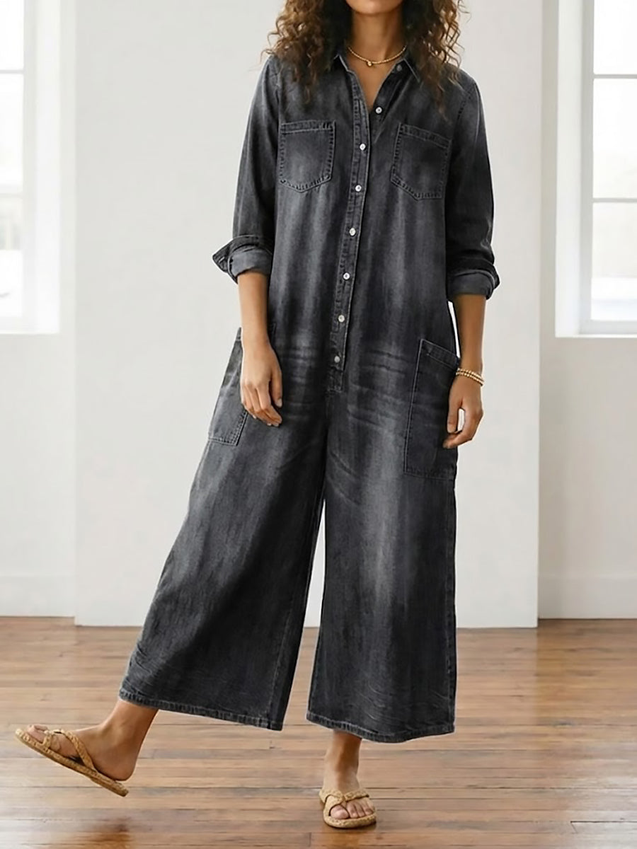 Primitiva | Vestido maxi vaquero con botonadura y manga larga en color Negro