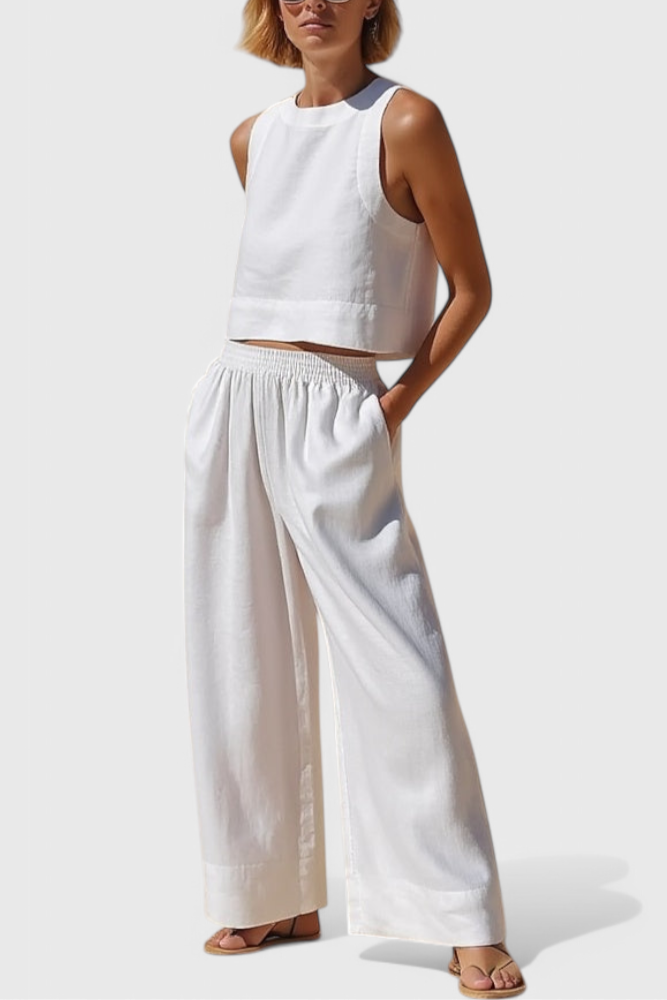 Avelina Conjunto Minimalista en Algodón y Lino Ligero en color Blanco