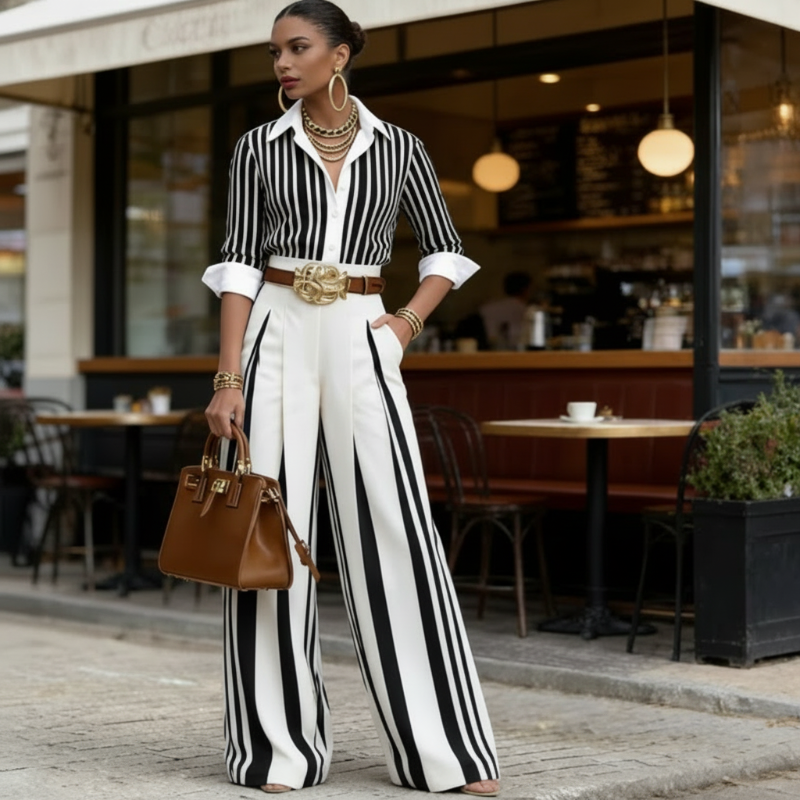 Inés | Conjunto de Dos Piezas: Top de Lino y Pantalón Estampado en color Negro